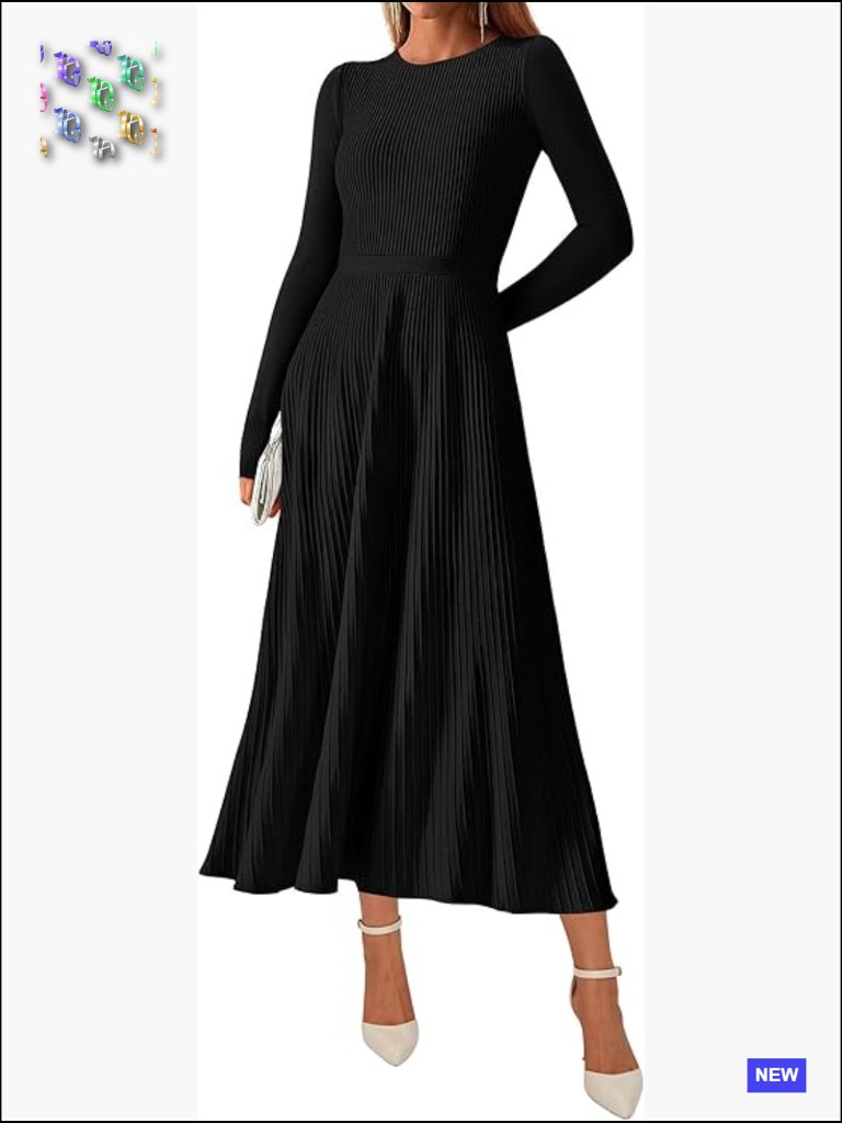 Ribbed Knit Long Sleeve Sweater Dress Pleated A Line Midi Maxi Fall Winter
